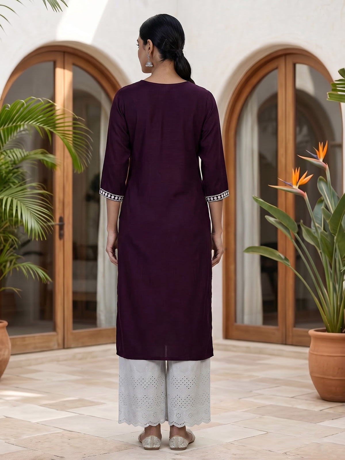 Wine silk lucknowi straight kurti set with palazzo
