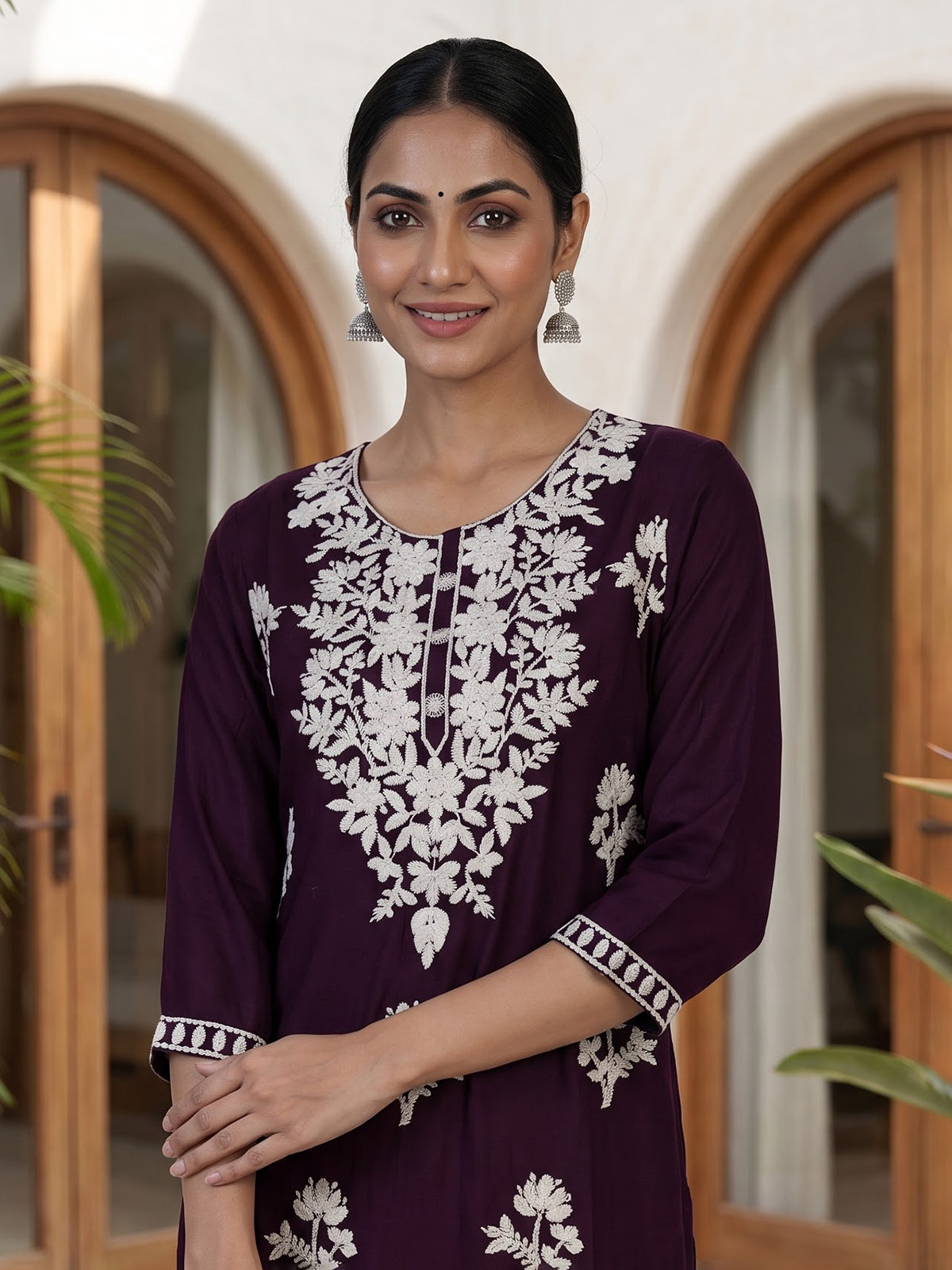 Wine silk lucknowi straight kurti set with palazzo