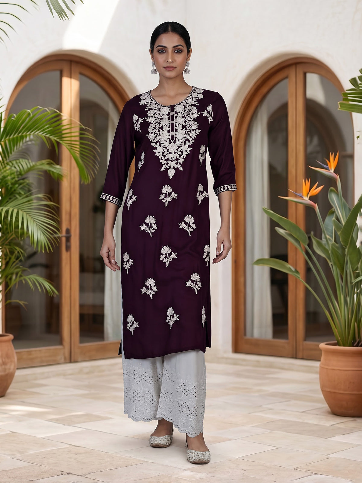 Wine silk lucknowi straight kurti set with palazzo