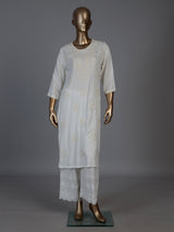 White silk lucknowi straight kurti set with palazzo