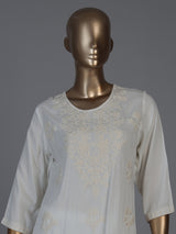 White silk lucknowi straight kurti set with palazzo