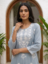 Light grey silk lucknowi straight kurti set with palazzo