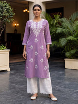 Lavender purple silk lucknowi kurti set with palazzo