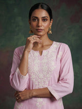 Pink silk lucknowi straight kurti set with palazzo
