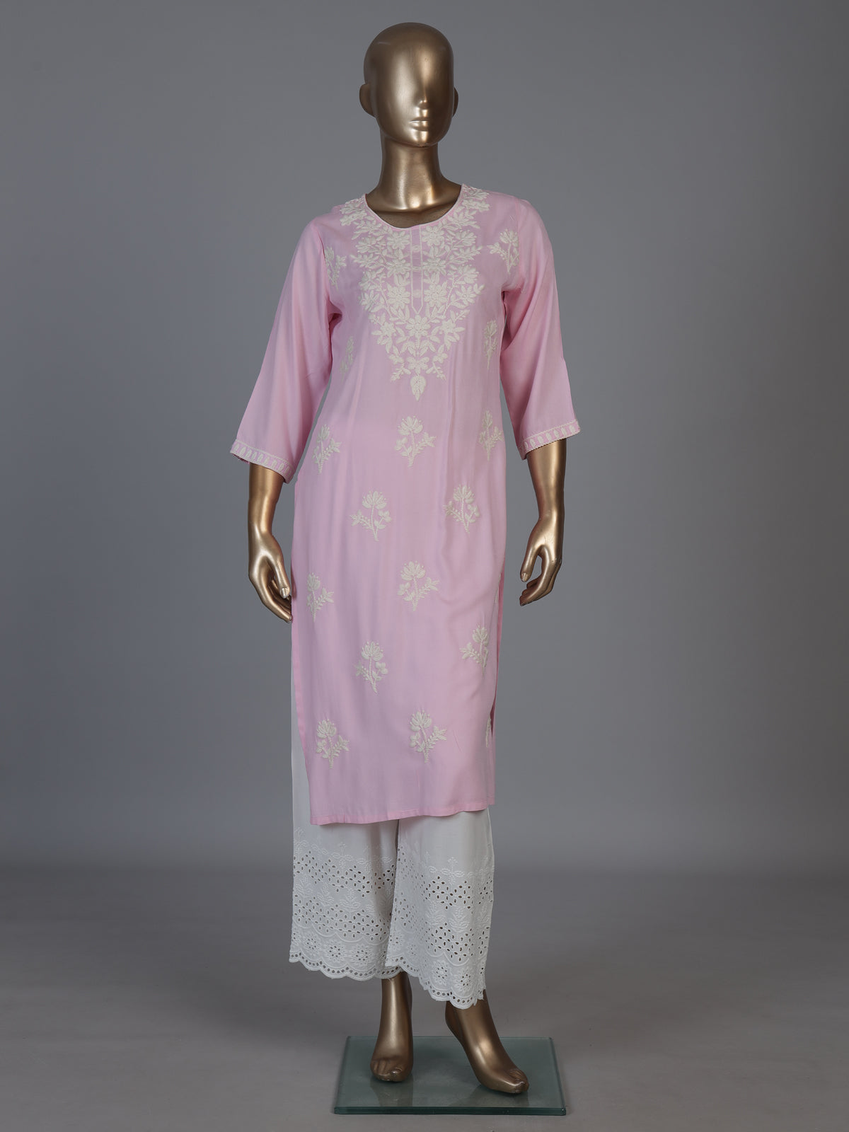 Pink silk lucknowi straight kurti set with palazzo