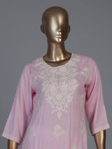 Pink silk lucknowi straight kurti set with palazzo