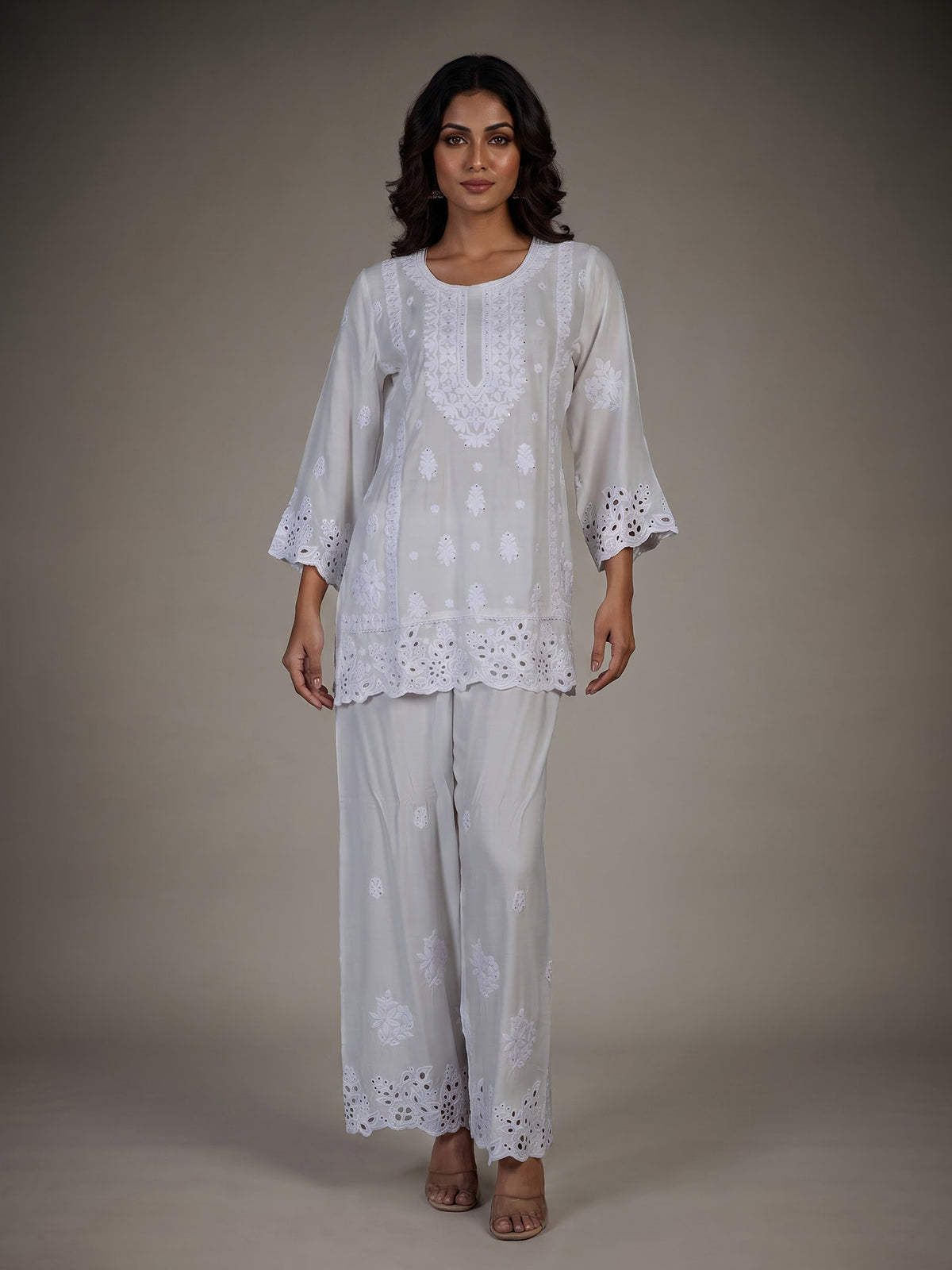 Off white cotton silk cutwork embellished kurti set with palazzo