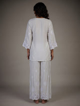 Off white cotton silk cutwork embellished kurti set with palazzo