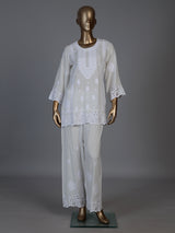 Off white cotton silk cutwork embellished kurti set with palazzo