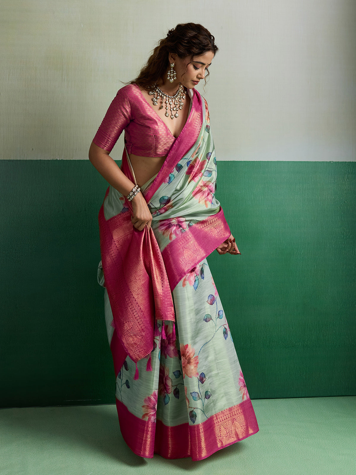 Pista green premium festive tissue silk saree