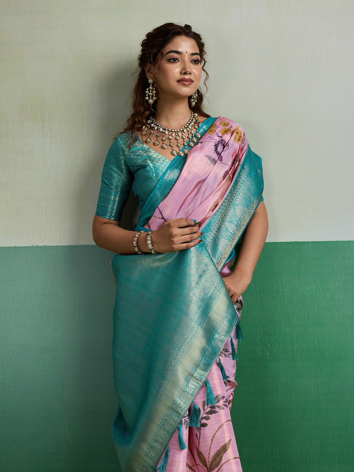 Pink royal botanical tissue silk saree