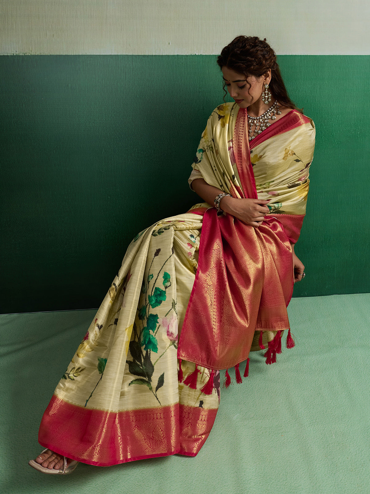 Light yellow radiant festive tissue silk saree
