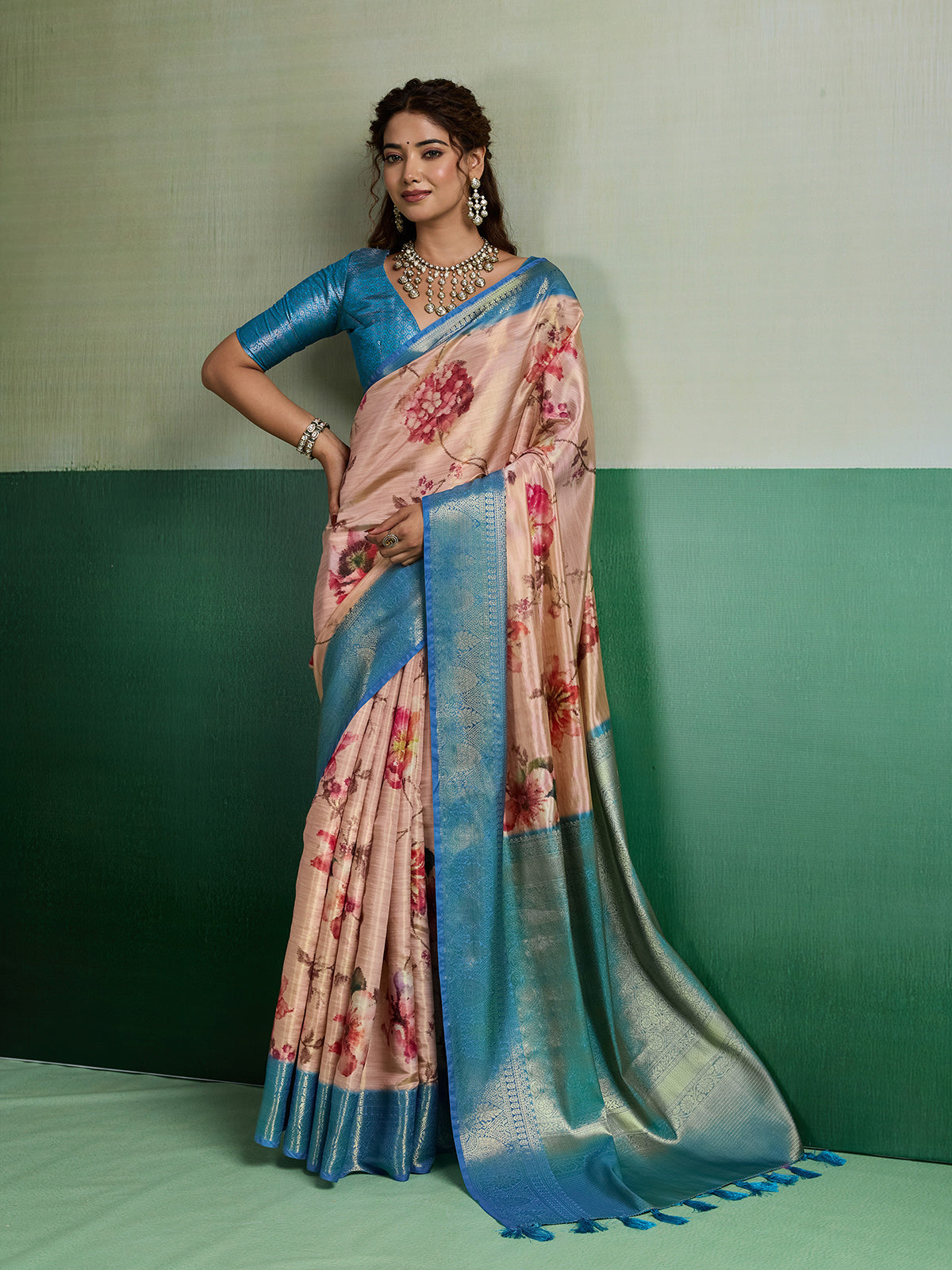 Peach elegant floral kanjivaram tissue silk saree