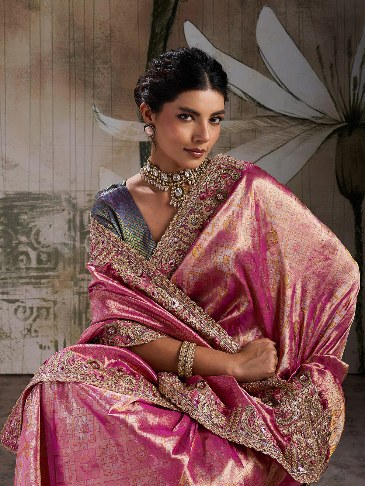 Pink majestic bridal jacquard silk saree