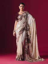 Cream printed net saree with zardosi embellished designer festive elegance