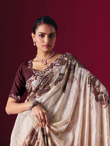 Cream printed net saree with zardosi embellished designer festive elegance