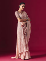 Blush pink Lucknowi georgette saree with elegant chikankari handcrafted detailing