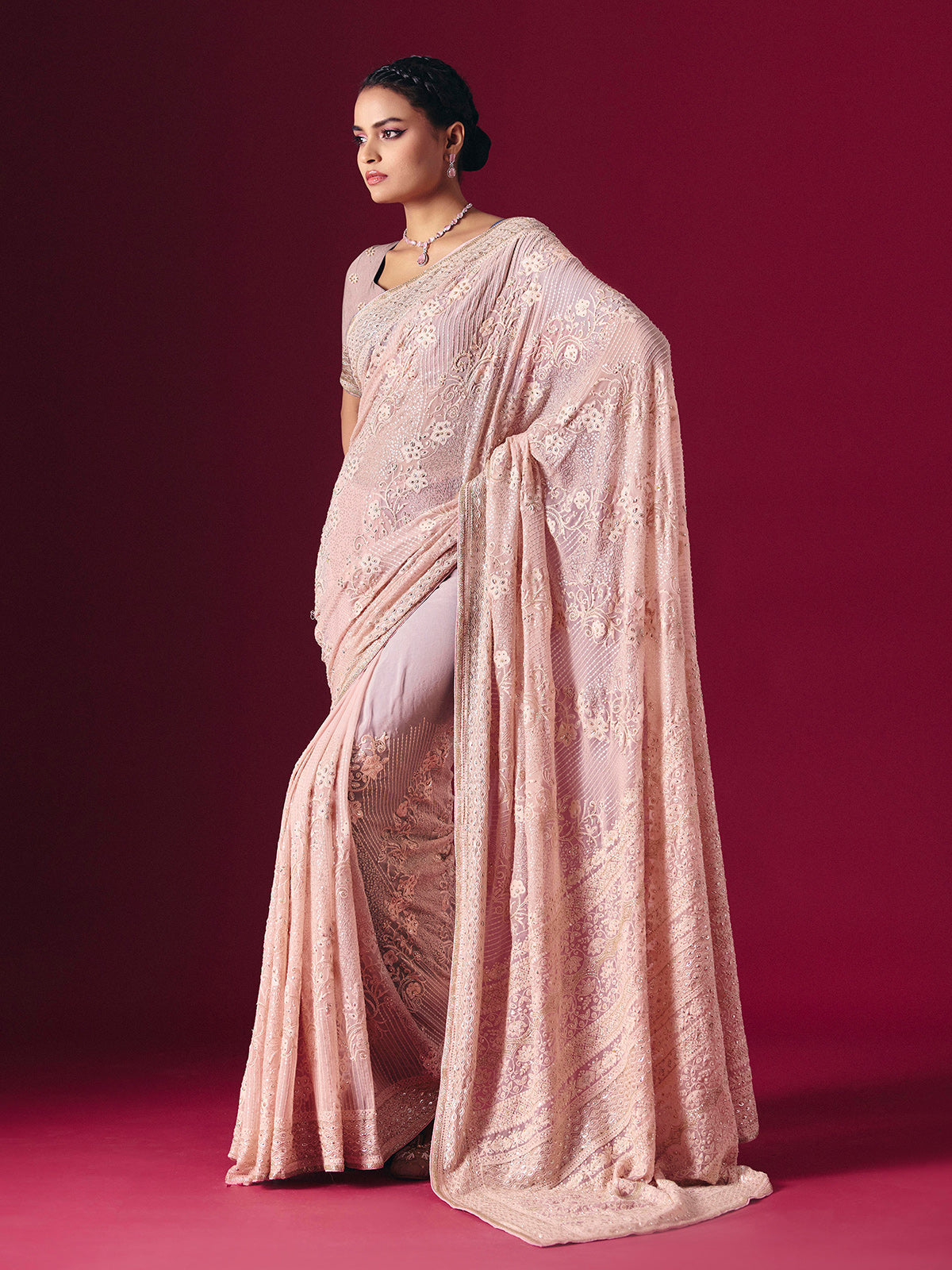 Blush pink Lucknowi georgette saree with elegant chikankari handcrafted detailing