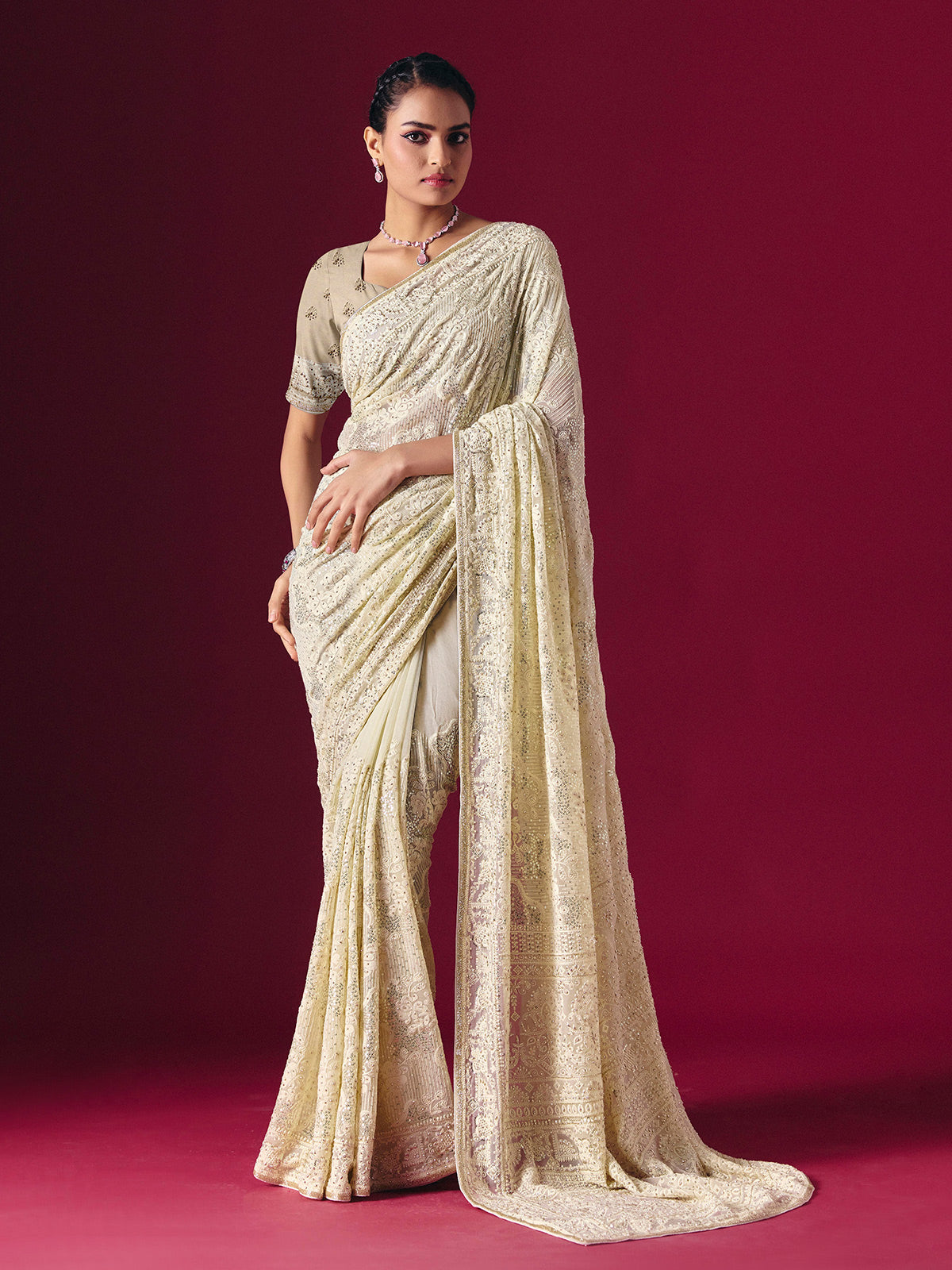 Off-white Lucknowi georgette saree with chikankari handcrafted elegance