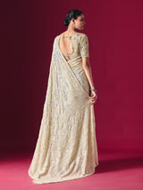 Off-white Lucknowi georgette saree with chikankari handcrafted elegance
