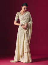 Off-white Lucknowi georgette saree with chikankari handcrafted elegance