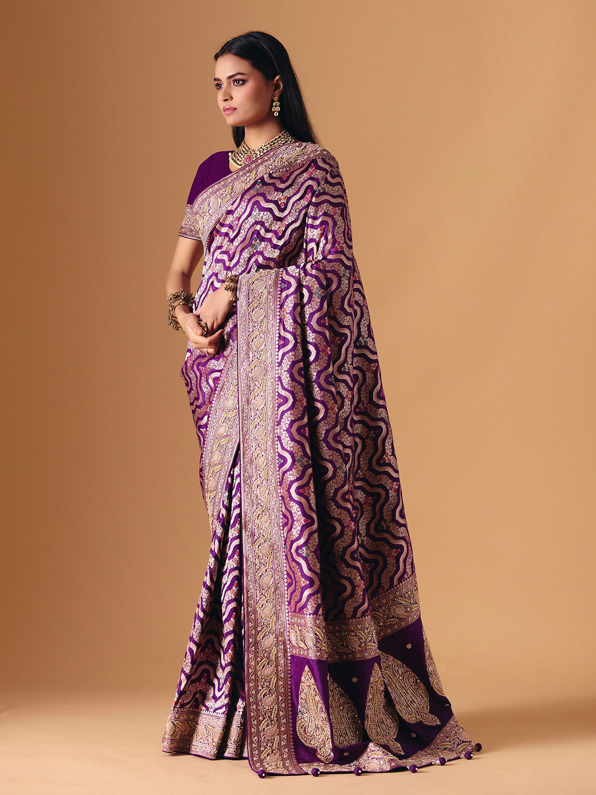 Deep purple banarasi silk saree with intricate bridal zari craftsmanship