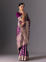 Deep purple pure banarasi silk saree with regal bridal embellishments