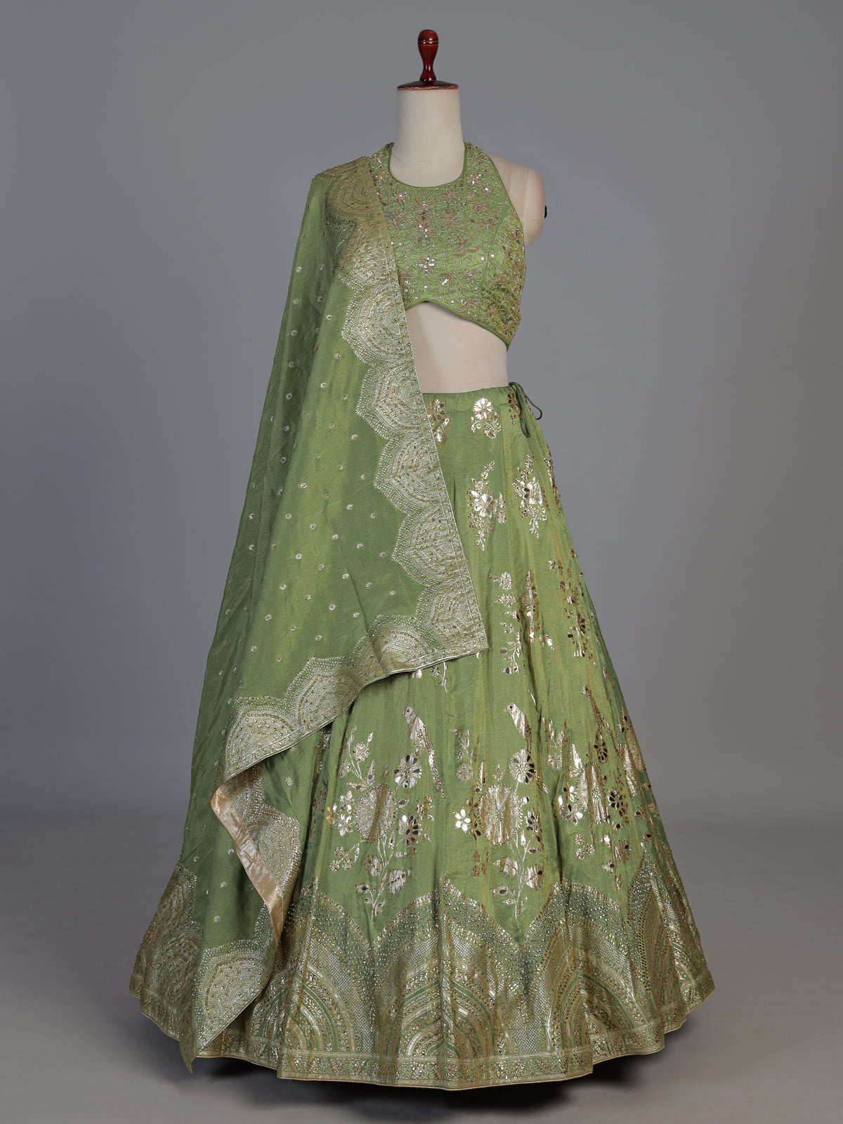 Designer pista green silk bird motif lehenga choli with dupatta