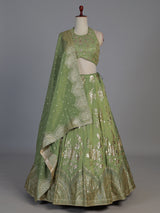 Designer pista green silk bird motif lehenga choli with dupatta