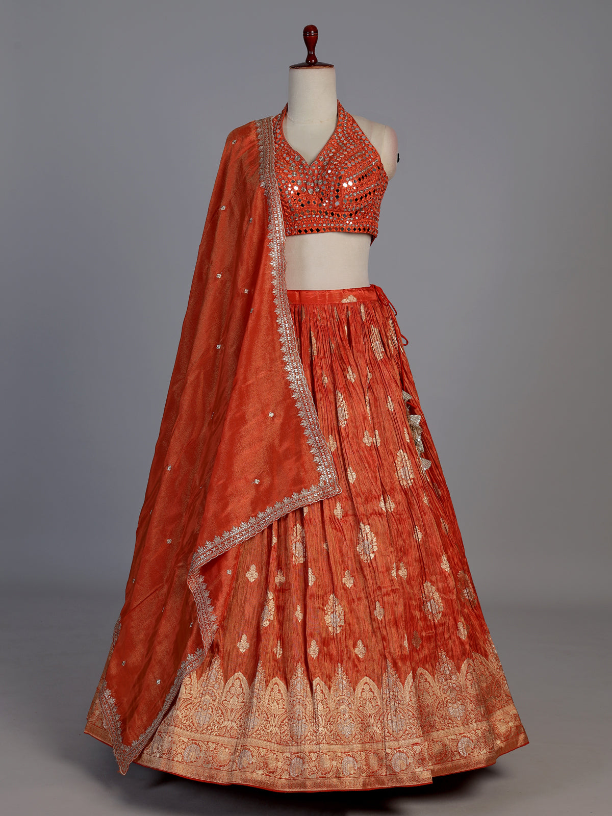 Designer rust orange silk butti work lehenga choli with dupatta
