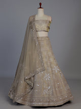 Beige silk peacock motif unstitched festive lehenga choli