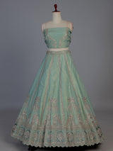 Sea green silk peacock motif unstitched lehenga choli with dupatta