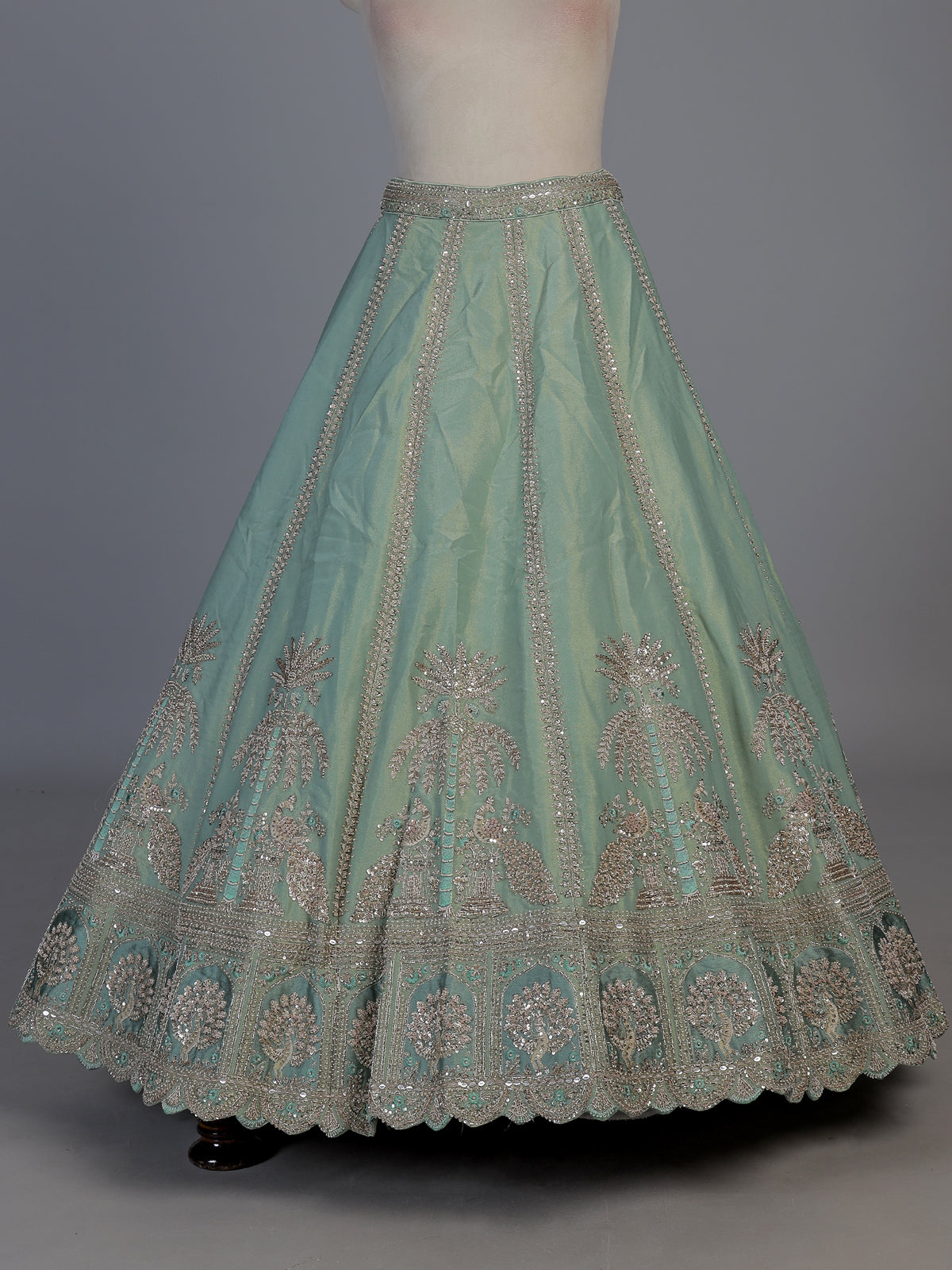 Sea green silk peacock motif unstitched lehenga choli with dupatta