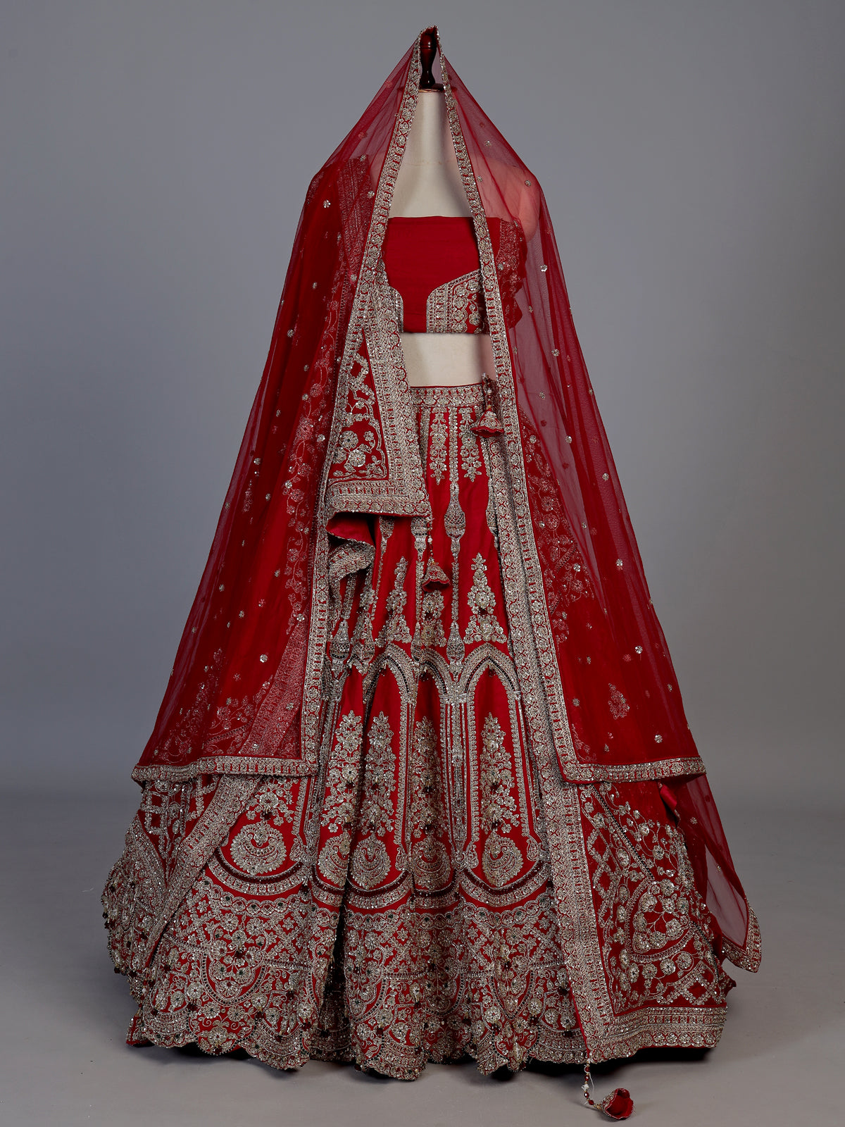 Designer red raw silk unstitched bridal lehenga choli with double dupatta
