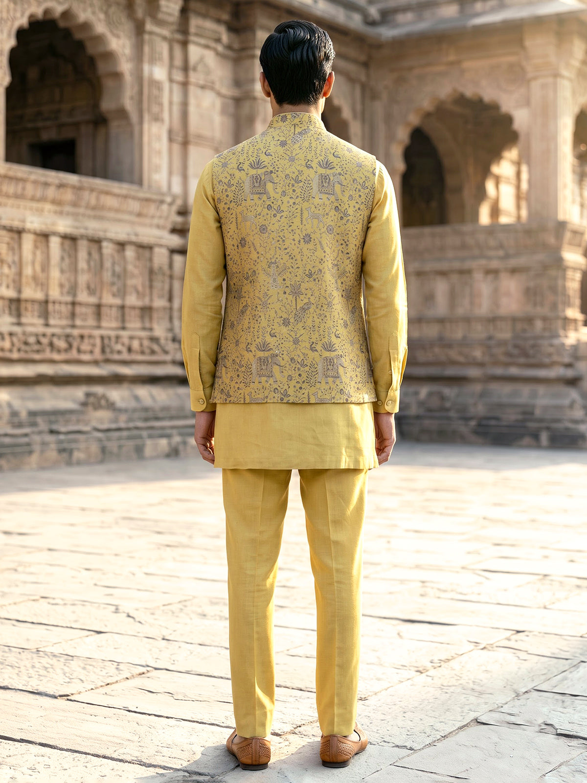 Mustard yellow printed festive waistcoat set with pant for men