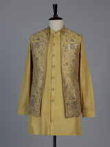 Mustard yellow printed festive waistcoat set with pant for men