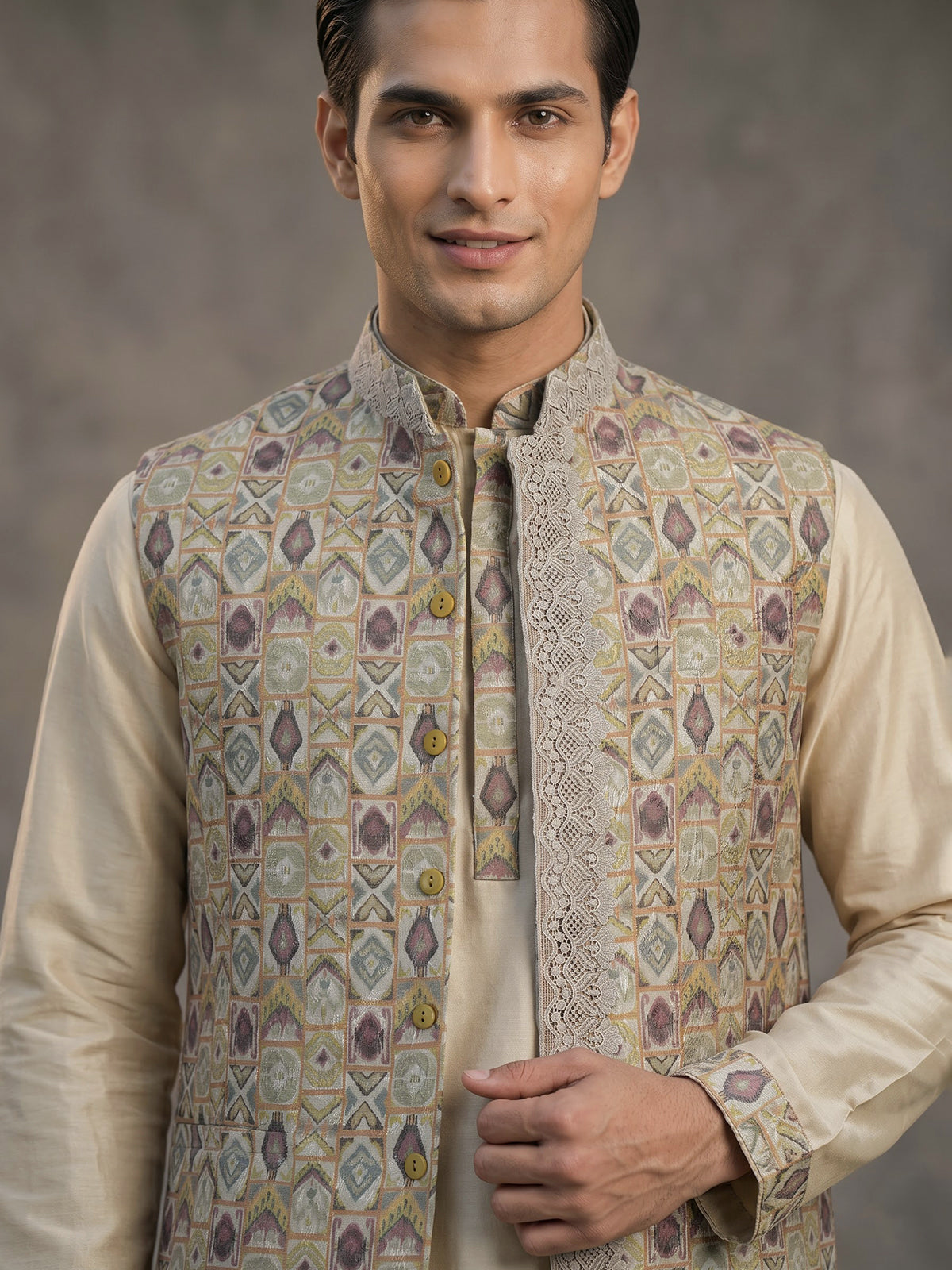 Beige printed festive waistcoat set with pant for men