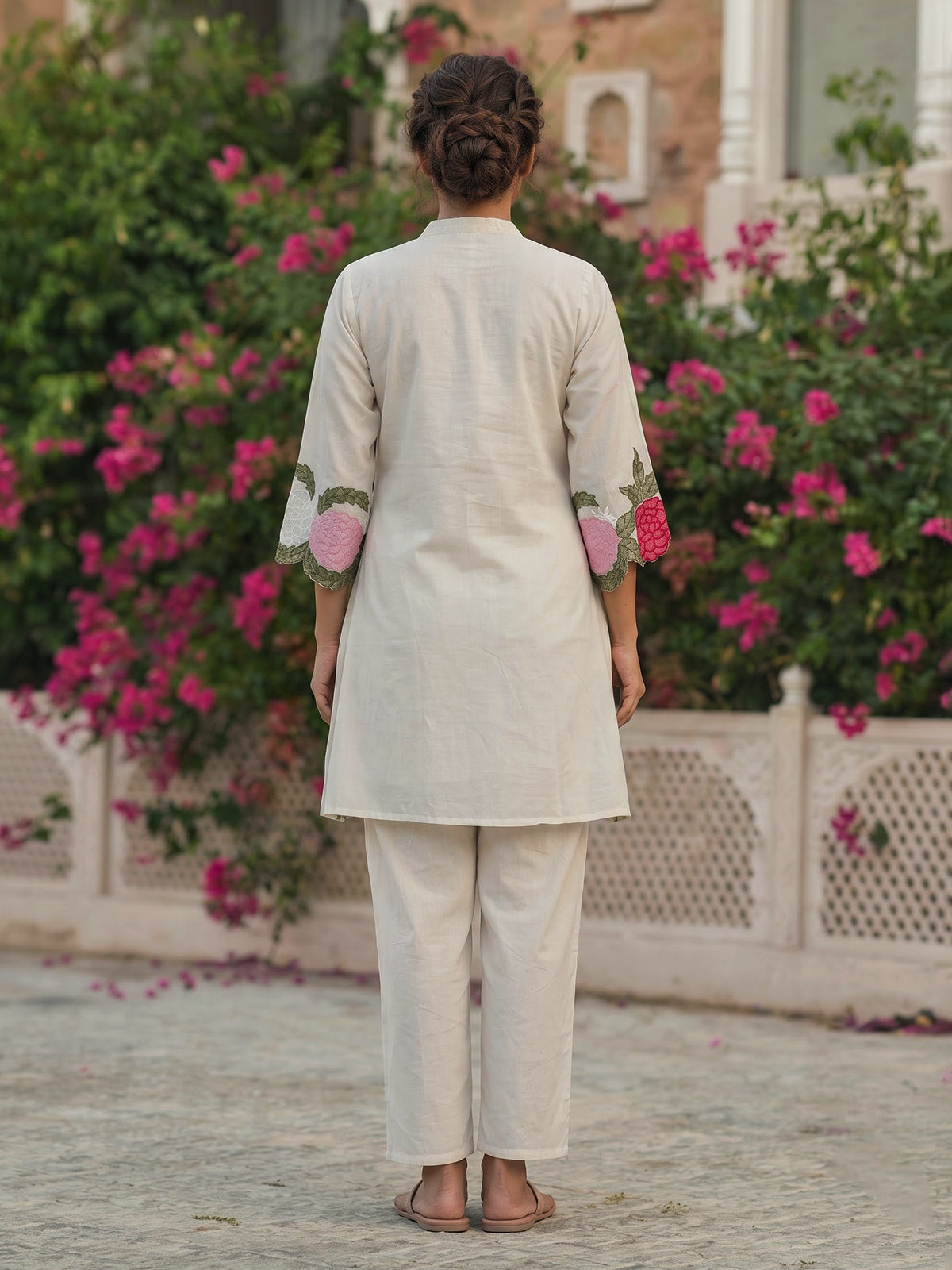 Elegant off white embroidered cotton linen festive co ord set