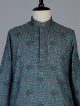 Peacock blue printed cotton blend festive kurta set for men
