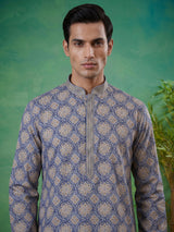 Blue printed cotton blend festive kurta set for men