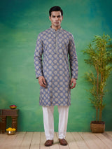 Blue printed cotton blend festive kurta set for men