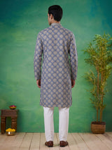 Blue printed cotton blend festive kurta set for men