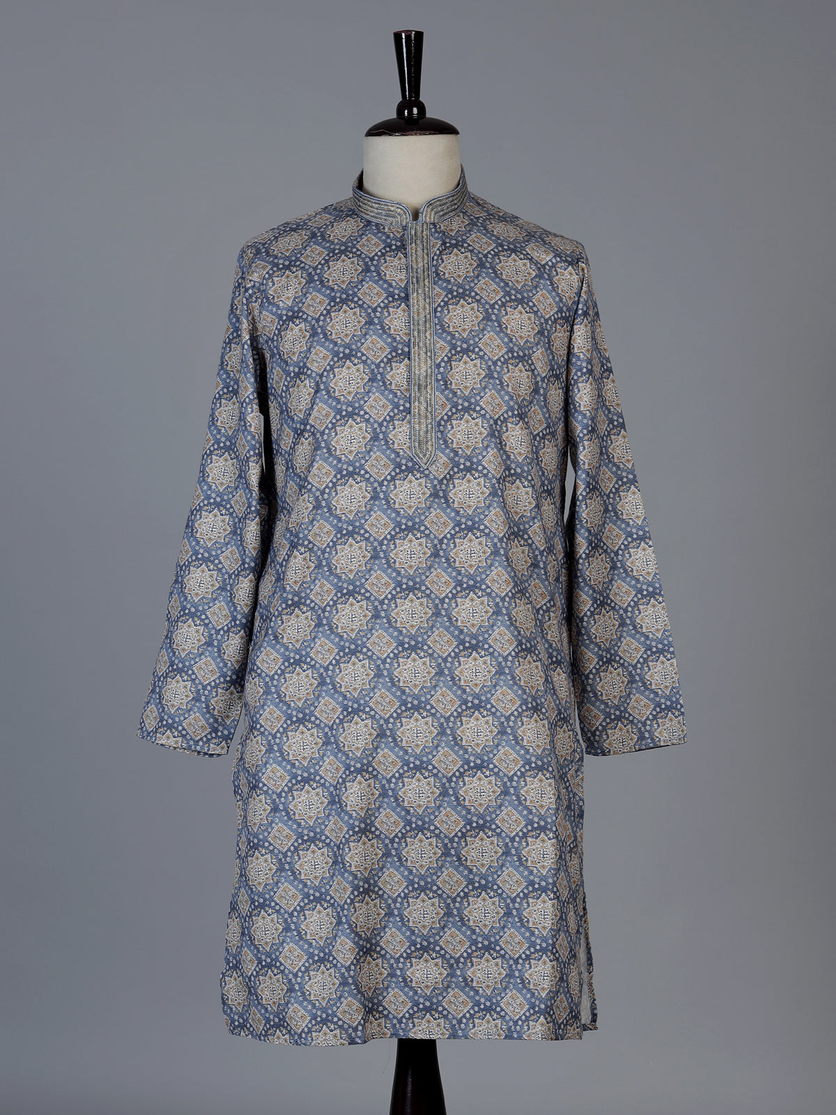 Blue printed cotton blend festive kurta set for men