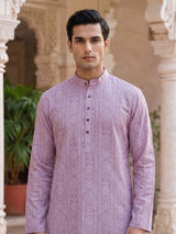 Pink printed silk festive mandarin kurta set for men