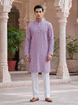 Pink printed silk festive mandarin kurta set for men