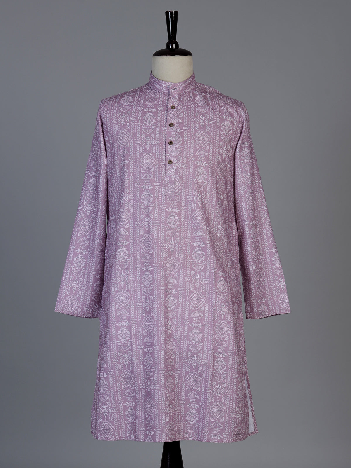 Pink printed silk festive mandarin kurta set for men