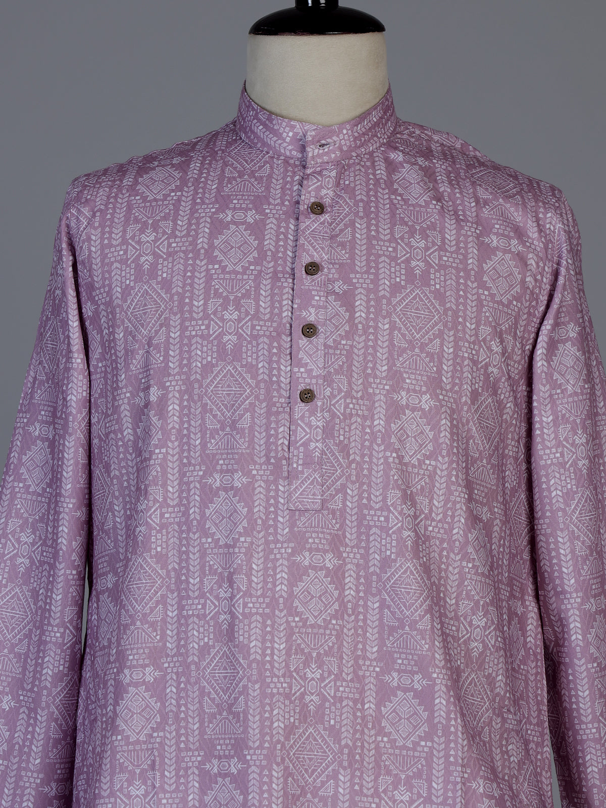 Pink printed silk festive mandarin kurta set for men