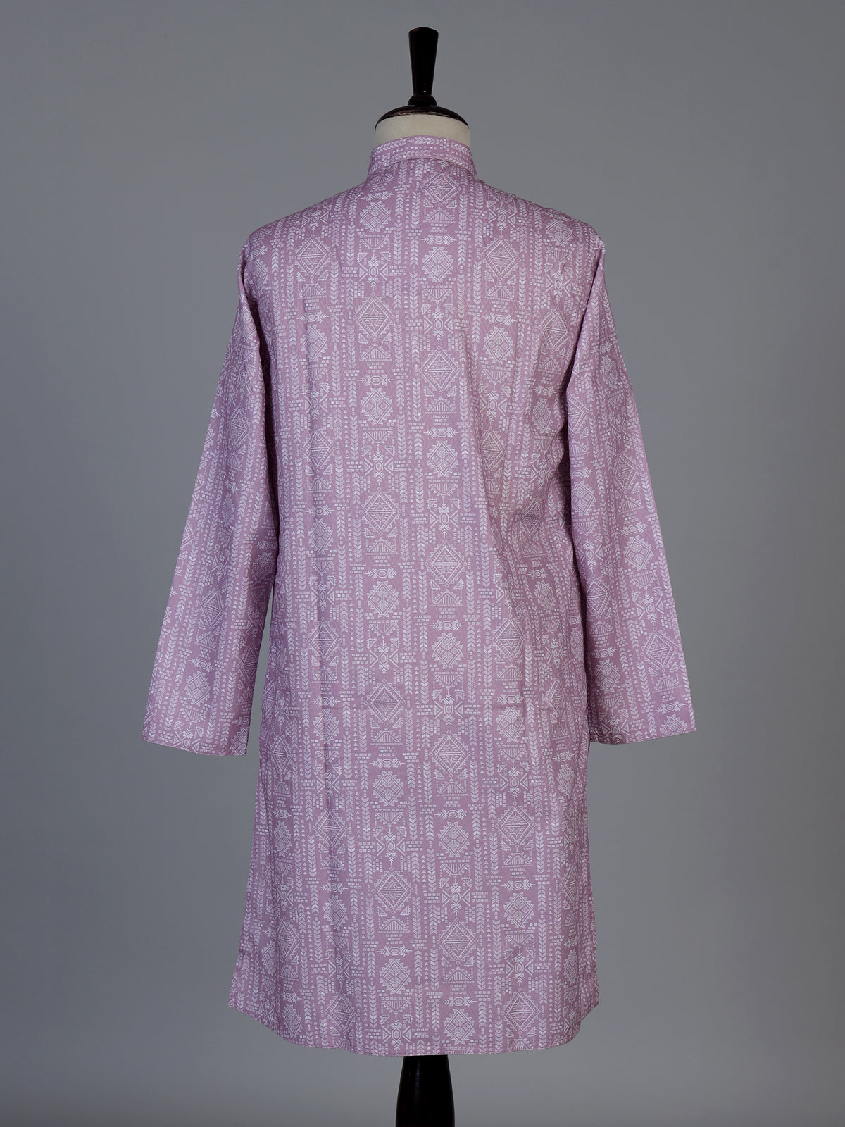 Pink printed silk festive mandarin kurta set for men