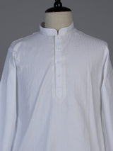 Classic white thread work cotton blend kurta set ensemble for men