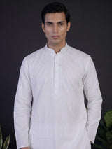White textured cotton blend festive kurta set for men